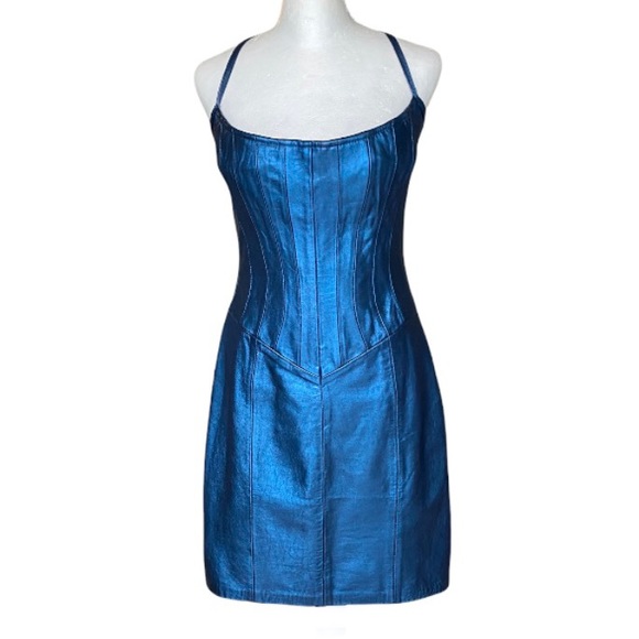 Vintage Dresses & Skirts - Vintage 80s / 90s Blue Iridescent 100% Leather Dress size women's 6 Tadashi